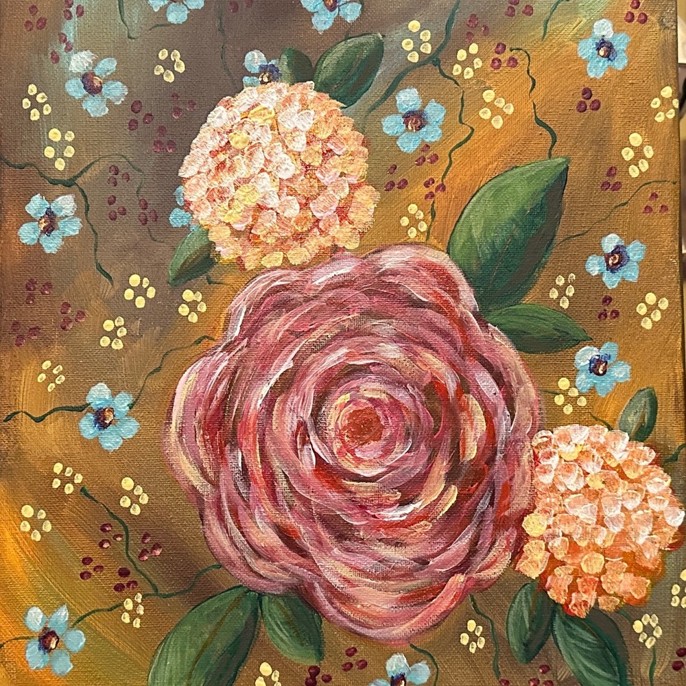 Floral Art Painting with Pink and Orange Blooms